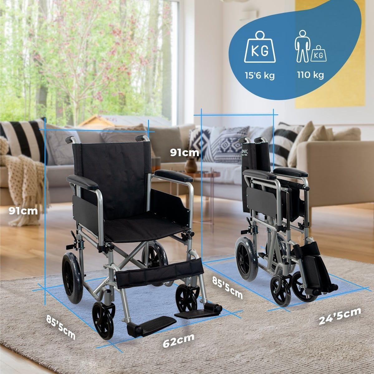 Mobiclinic, Składany wózek inwalidzki, Marsella, Kółka z możliwością szybkiego zwolnienia po naciśęciu przycisku, Stabilny, Siedzisko 46 cm, Dźwignia hamulca, Srebrny
