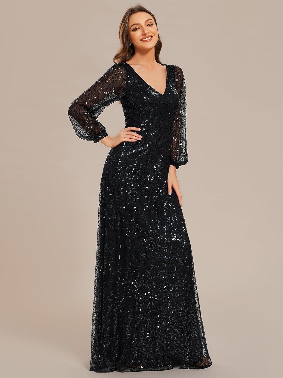 Ever Pretty Women's Elegant Formal Evening Dresses V Neck A-Line Floor Length Long Sleeves Sequin Holiday Party Dress - Image 4