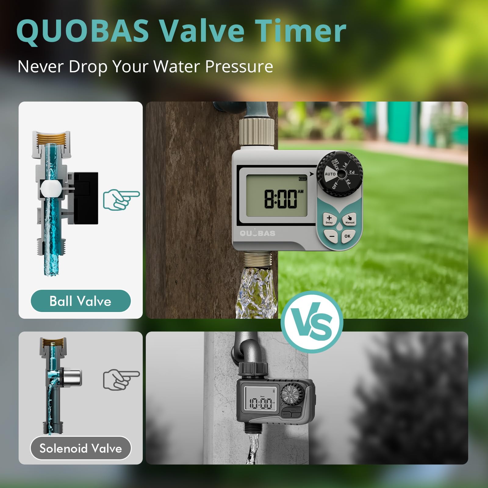 QUOBAS Temporizador de agua de baja presión, temporizador semanal programable con entrada y salida de latón para barril de lluvia, manguera de jardín, con válvula de bola y pantalla impermeable