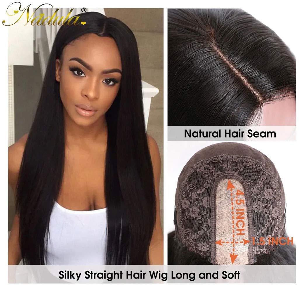 Nadula Virgin Human Straight Hair Fake Scalp Wig Middle Parting 150% Density Brazilian Remy Hair Wear and Go Glueless Wig Pre Plucked