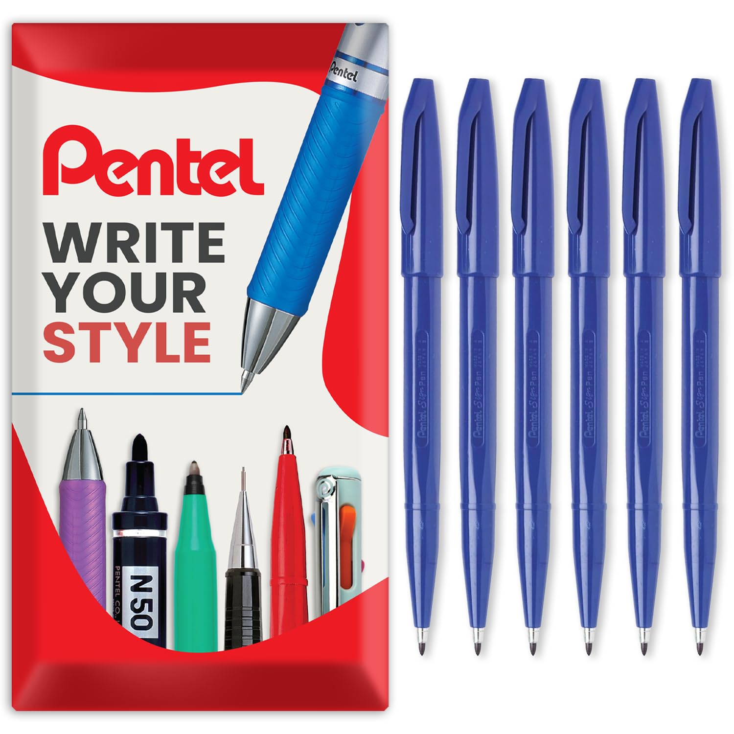 Pentel S520 Original Sign Pen Fibre Tip Marker Fineliner Pens - 2mm Nib - 1mm Line - Pack of 6 in Envelope Gift Packaging (Blue)