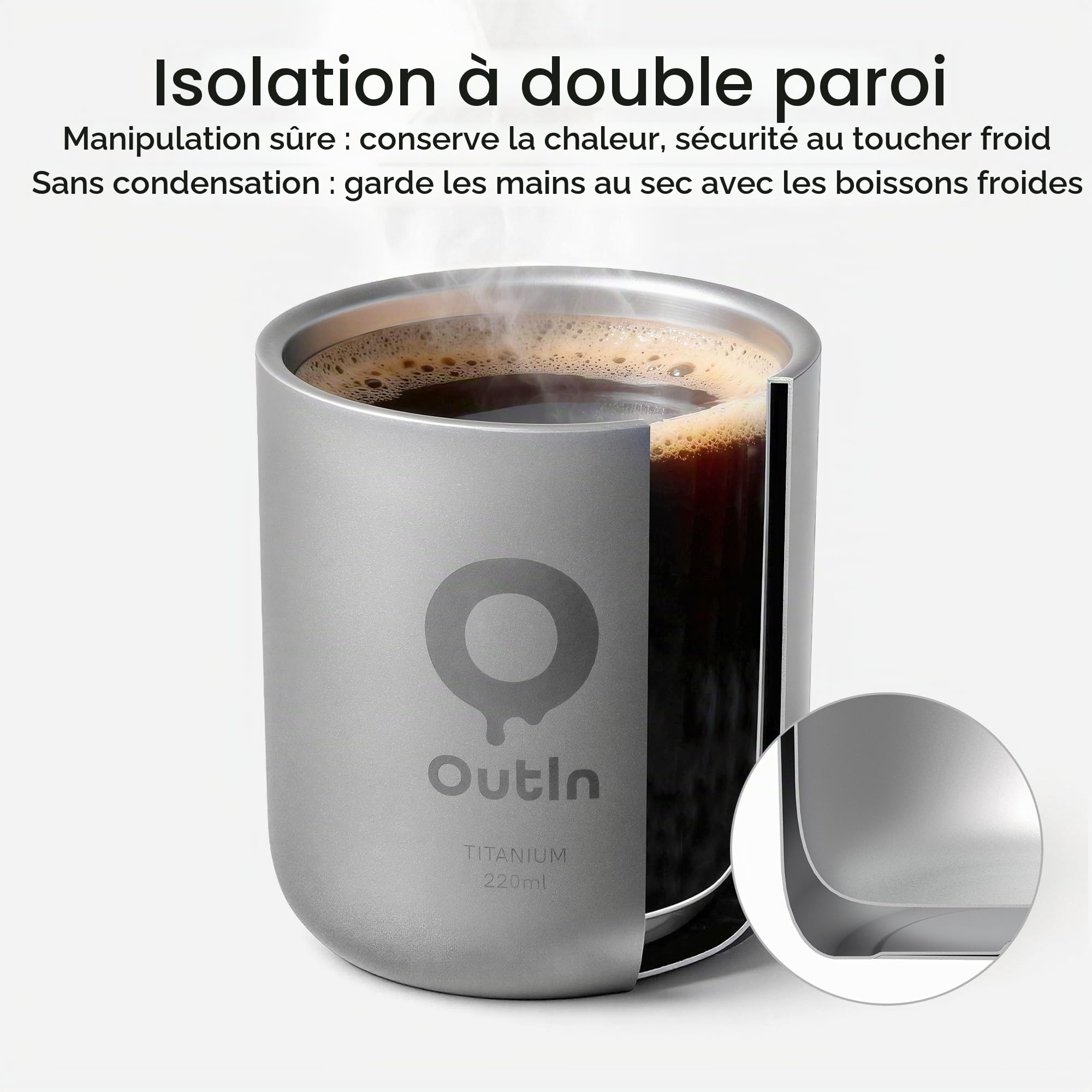 OutIn Gobelet à café en titane, double paroi, 220 ml | Léger, isotherme et neutre au goût, adapté à OutIn Nano, camping, randonnée et voyage