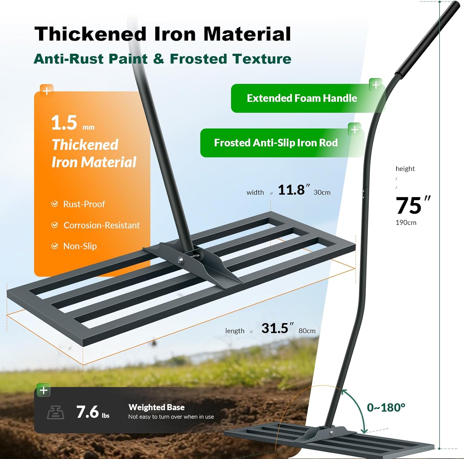 Lawn Leveling Rake 31.5"x11.8", Heavy Duty Ground Leveler with Ergonomic Back-Saving Handle, Turf-Safe Closed Base for Dirt, Sand & Topsoil Dressing, Ideal for Yard Renovation
