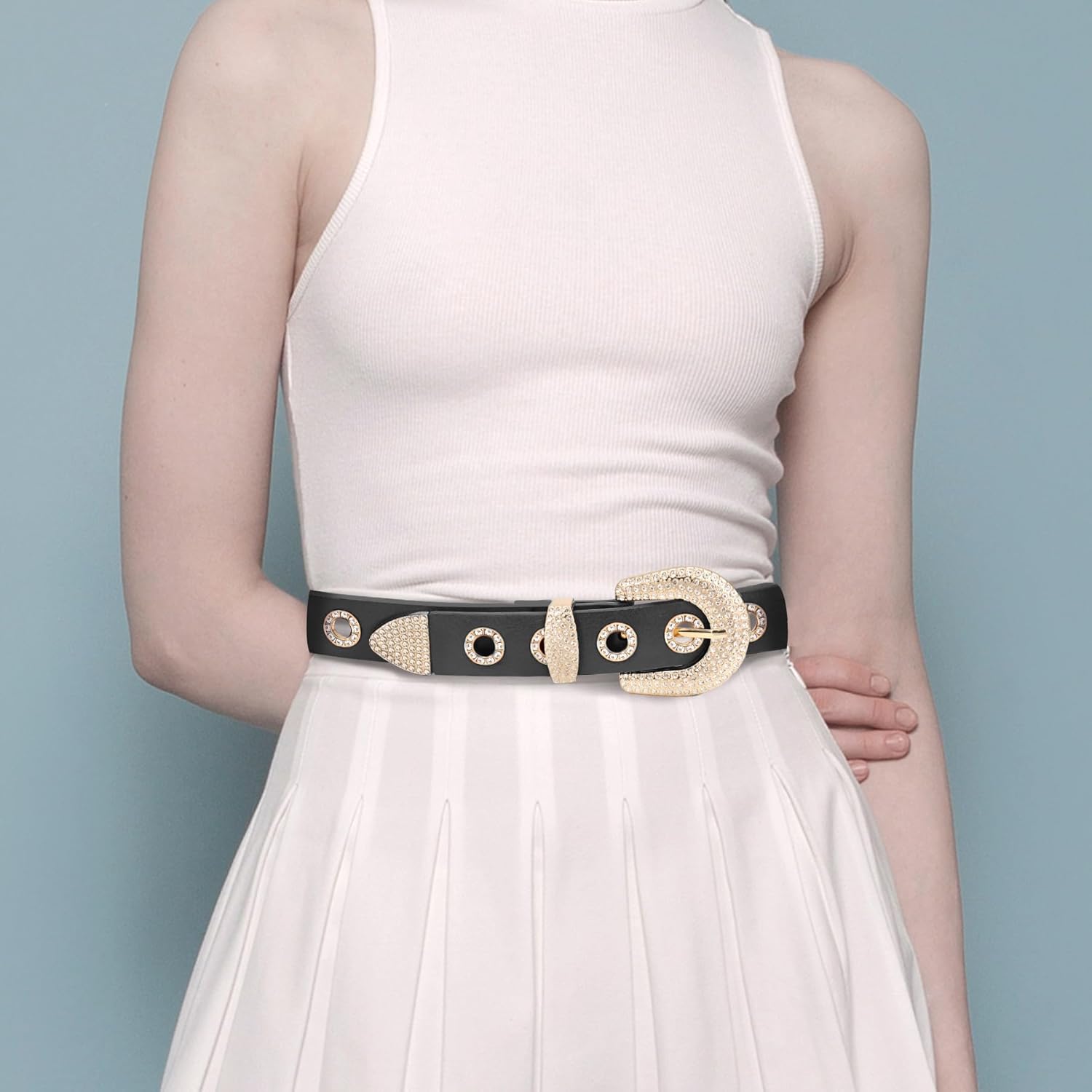 Women Rhinestone Grommet Belt, Bling Y2k Western Cowgirl Punk Faux Leather Belts for Jeans Dress Pants - Image 6