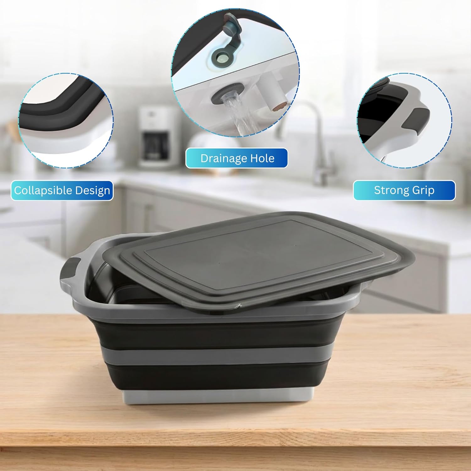 3-in-1 BBQ Prep Tub 16L with 2 Meat Shredder Claws & BBQ Resting Bag, Collapsible Cutting Board with Lid for Meal Prep & Marinating, Camping Sink with Colander, Dish Basin for Picnic & Outdoor Use