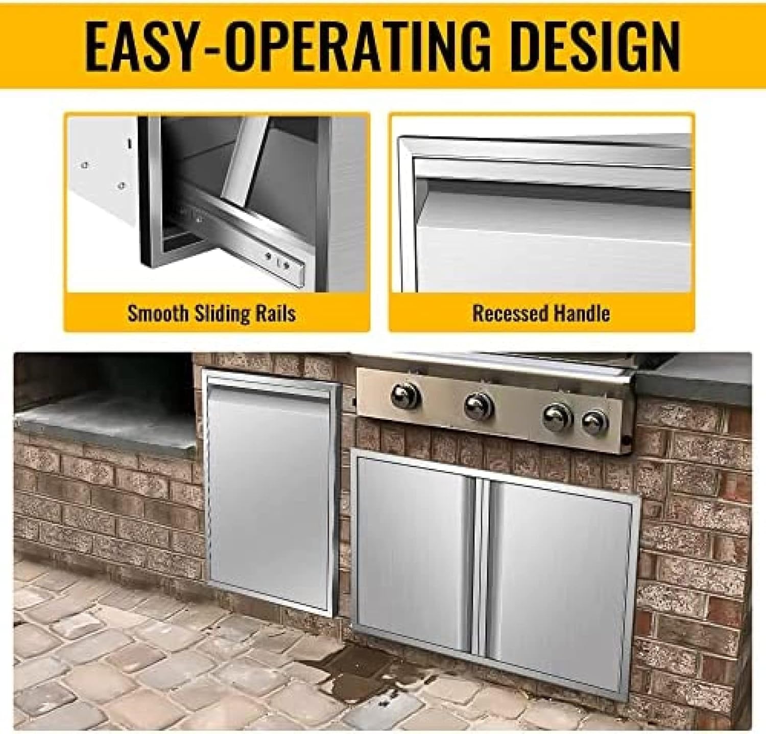 AHLOKI Pull-Out Double Trash Drawer Stainless Steel Outdoor Kitchen Trash Drawer Storage for 10 Gallon Commercial Wastebaskets,17W X 23H X 16D Inch