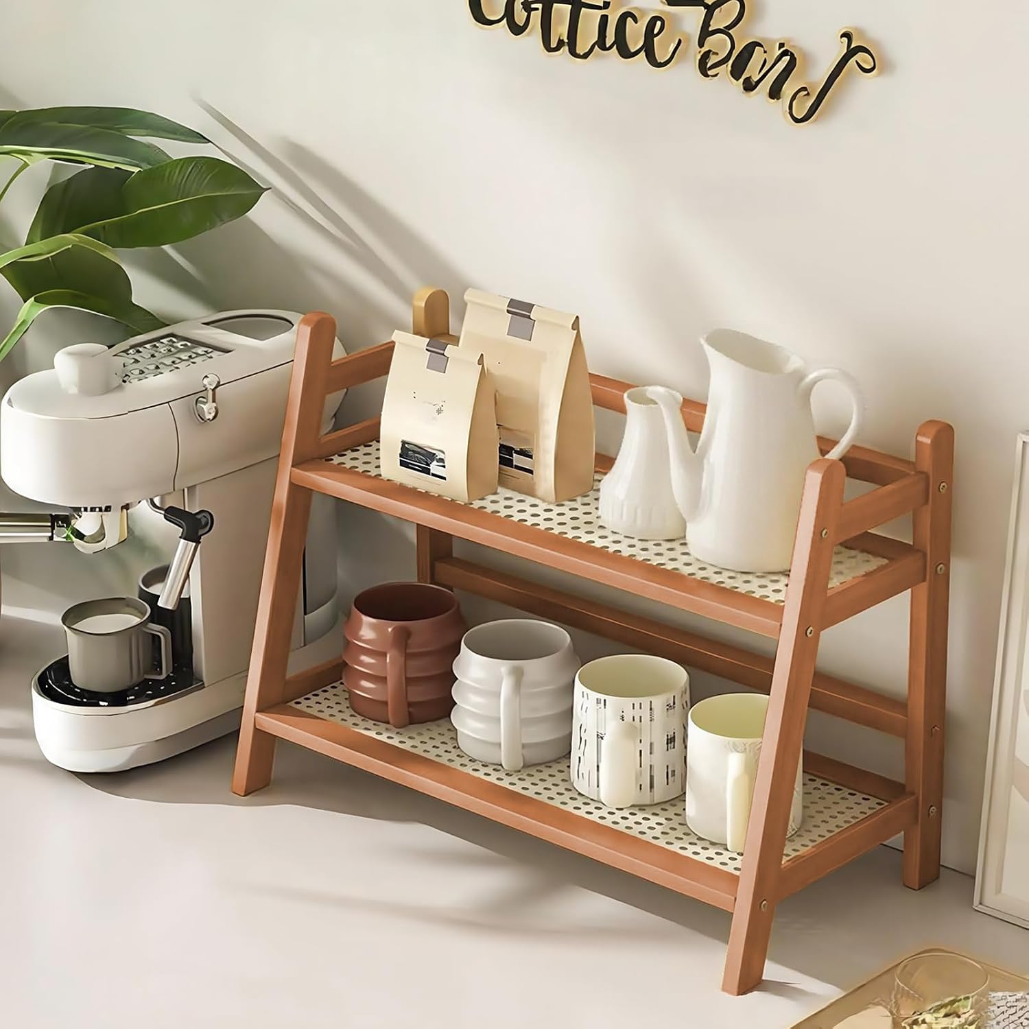 Household 2-Tier Cup Shelf Organizer, Kitchen Counter Shelf for Tea Coffee Bar Accessories, Bamboo Mug Holder Countertop, Matcha Stand, Cup Display, Condiment Storage Rack - Brown