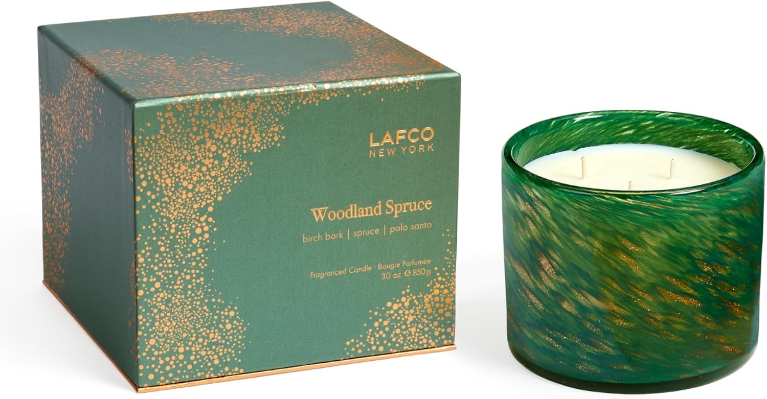 LAFCO New York Holiday 3-Wick Candle, Woodland Spruce - 30 oz - 120-Hour Burn Time - Reusable, Hand Blown Glass Vessel - Made in The USA