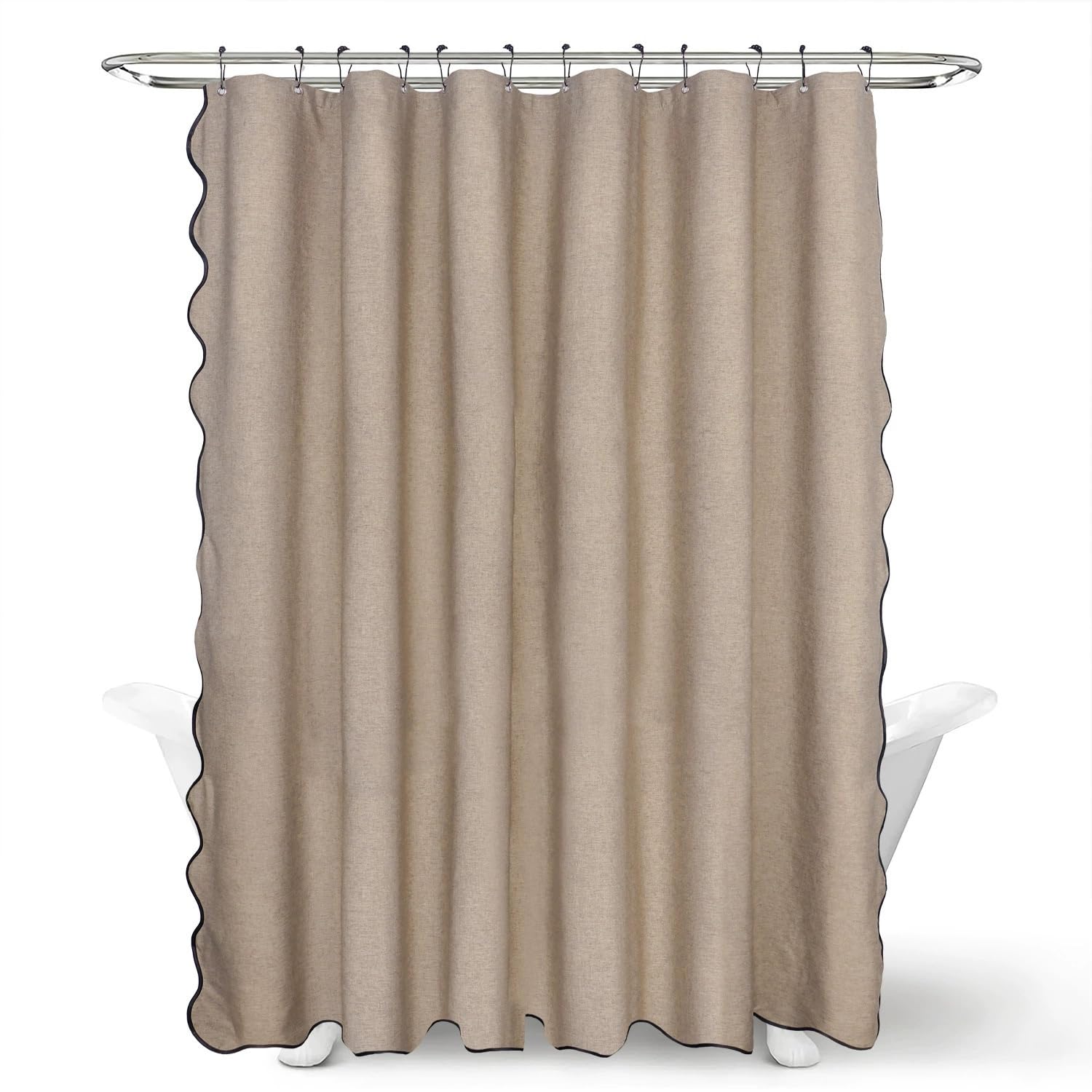 Scalloped Bathroom Shower Curtain Linen Textured with 12 Plastic Hooks