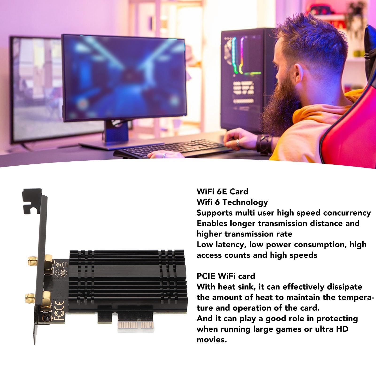 Scheda WiFi Pcie WiFi 6e AX210, Adattatore di Rete Wireless BT 5.3 6Ghz 5.8Ghz 2.4Ghz con Dissipatore di Calore 2 Antenna, Schede LAN Wireless per PC Desktop Windows 10/11