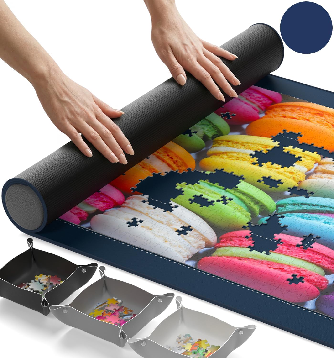 Newverest Tapis puzzle enroulable 100 x 60 cm – Peut contenir jusqu'à 1000 pièces, dessous antidérapant et surface lisse + 3 bols de tri et sac de transport pour les voyages