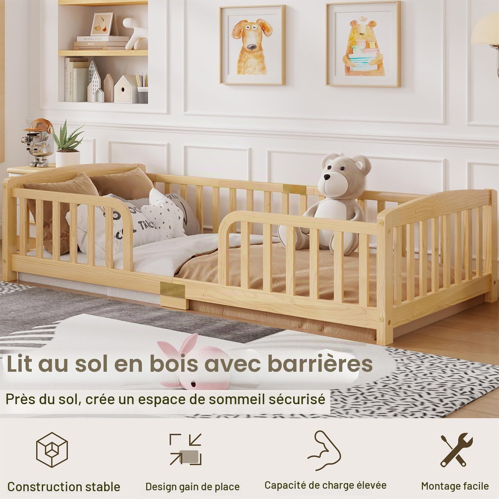 DHHU Lit au Sol 90x200 cm avec barrières de sécurité – Entrée Centrale – Cadre Bas en pin Massif – Lit Enfant pour Transition du Berceau – Montage Facile