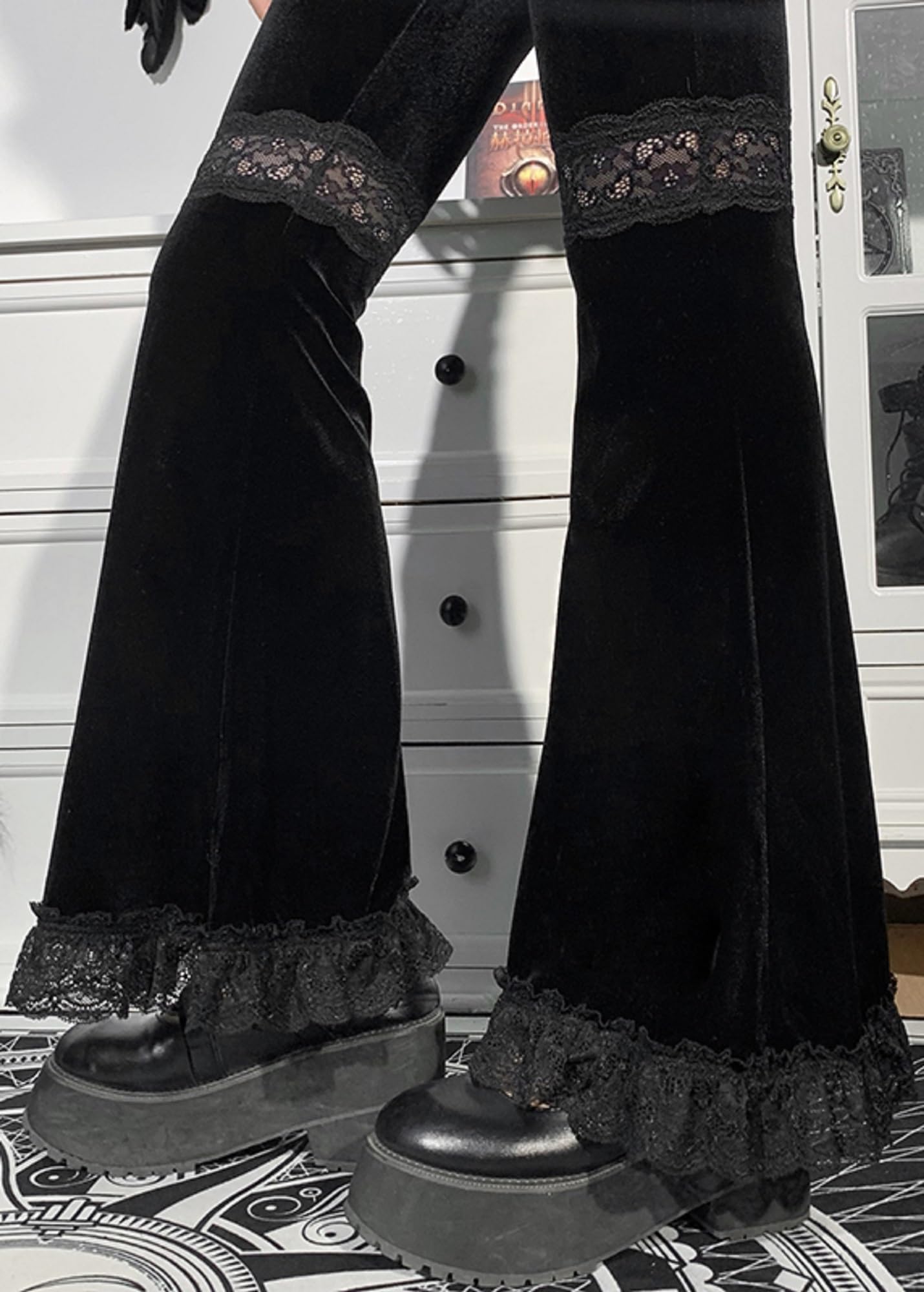 Pantaloni da donna in velluto gotico vintage midi vita pantaloni punk grunge harajuku pantaloni a gamba larga Y2K Emo Alt pantaloni