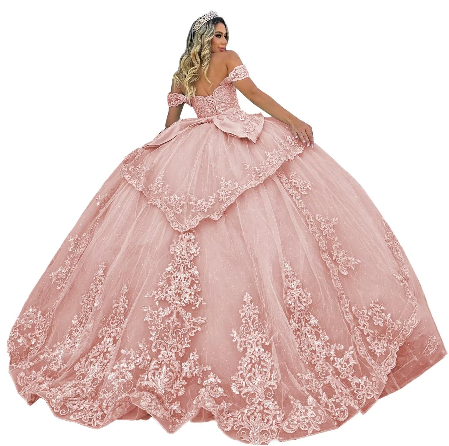 PFTFB Gorgeous Beading Applique Quinceanera Dresses with Bow Off Shoulder Sweet 16 Dresses Layered Tulle Quince Dress