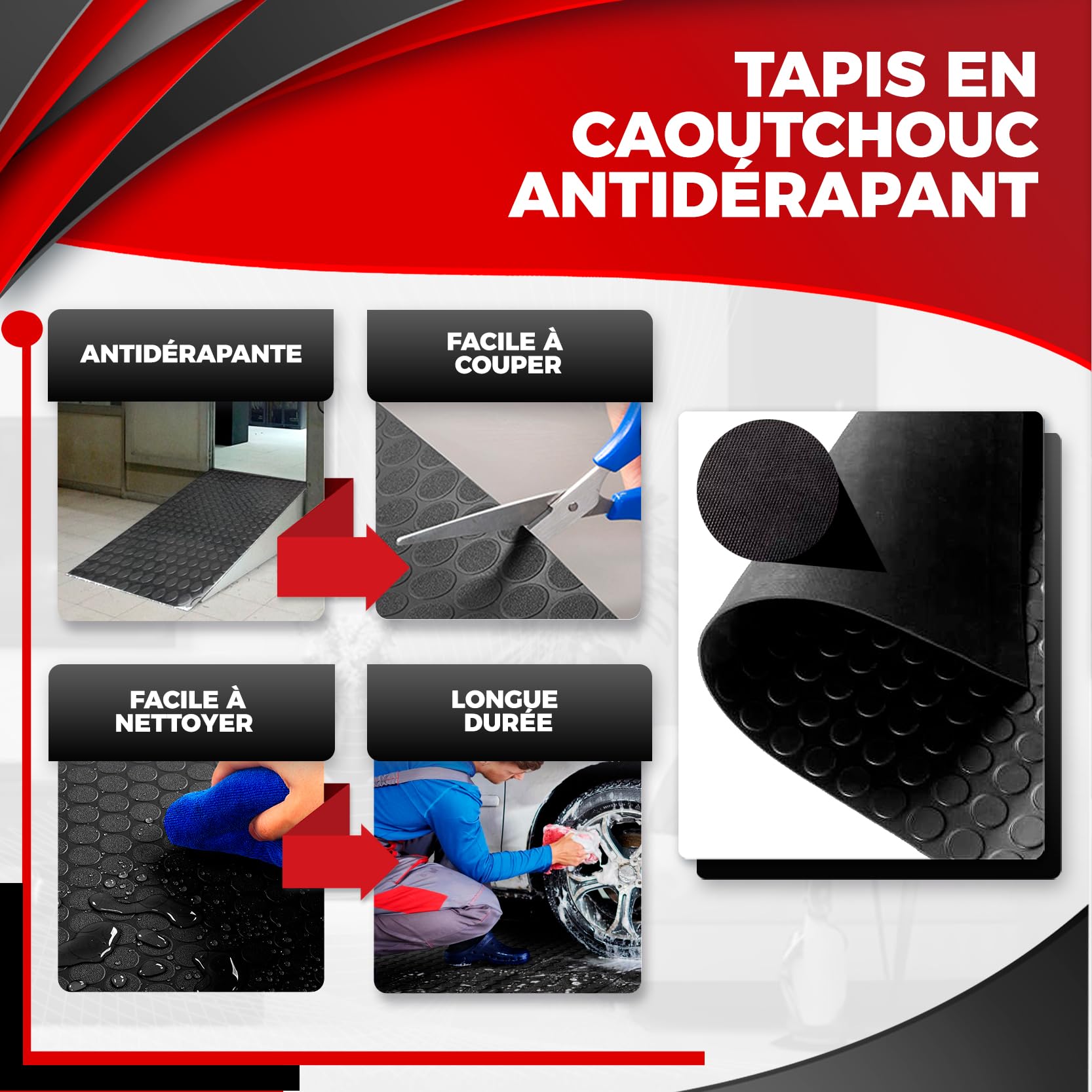 Rouleau Caoutchouc SBR 1 m x 2 m – Tapis Caoutchouc antidérapant pour Sol Garage, Atelier ou Camion. Résistant aux huiles, Durable et Facile à découper. Parfait pour Un Usage intérieur ou extérieur.