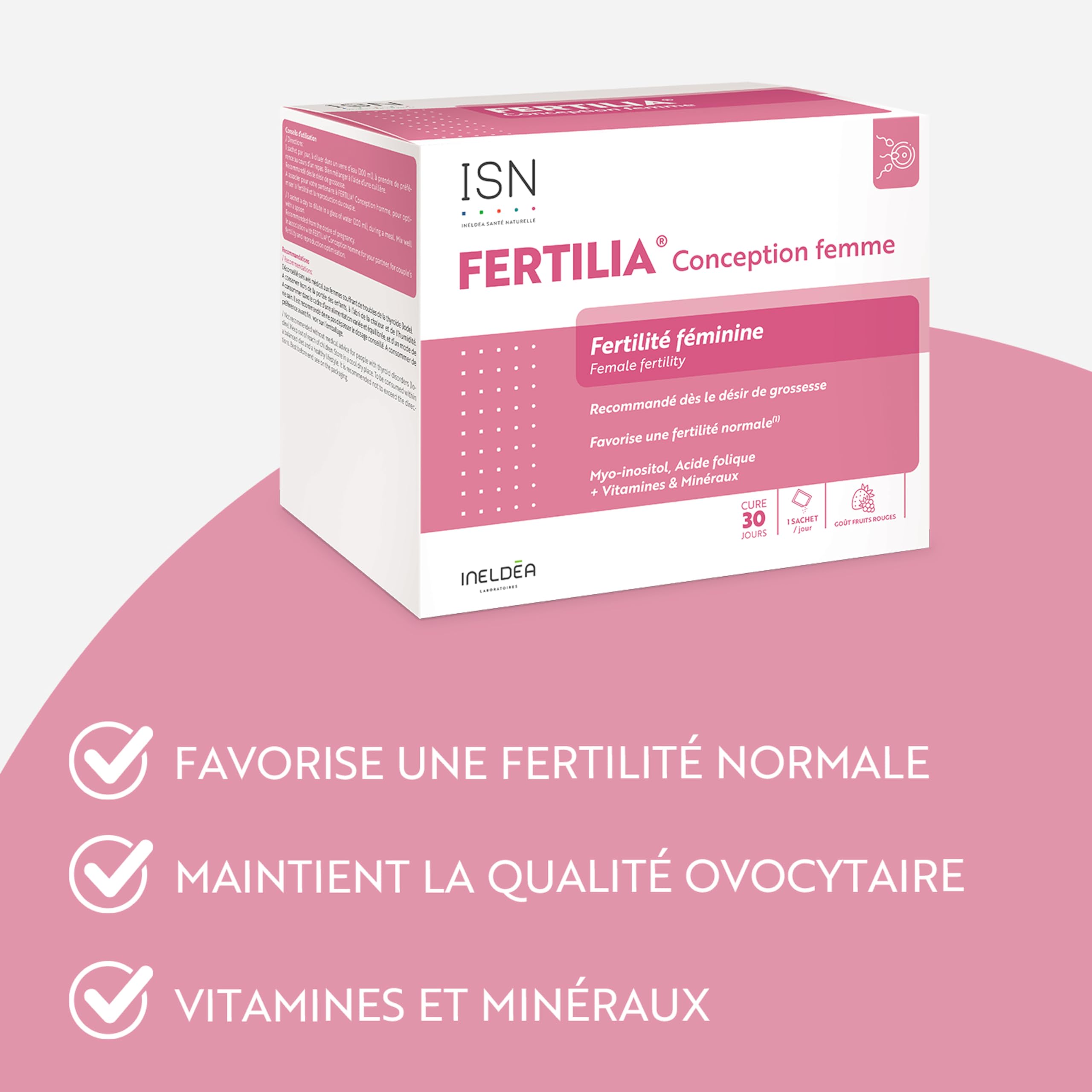 ISN - Fertilia® Conception Femme - Complément alimentaire à base de Myo-inositol, Acide Folique, Iode et antioxydants - Favorise une fertilité normale chez la femme - Cure 30 jours
