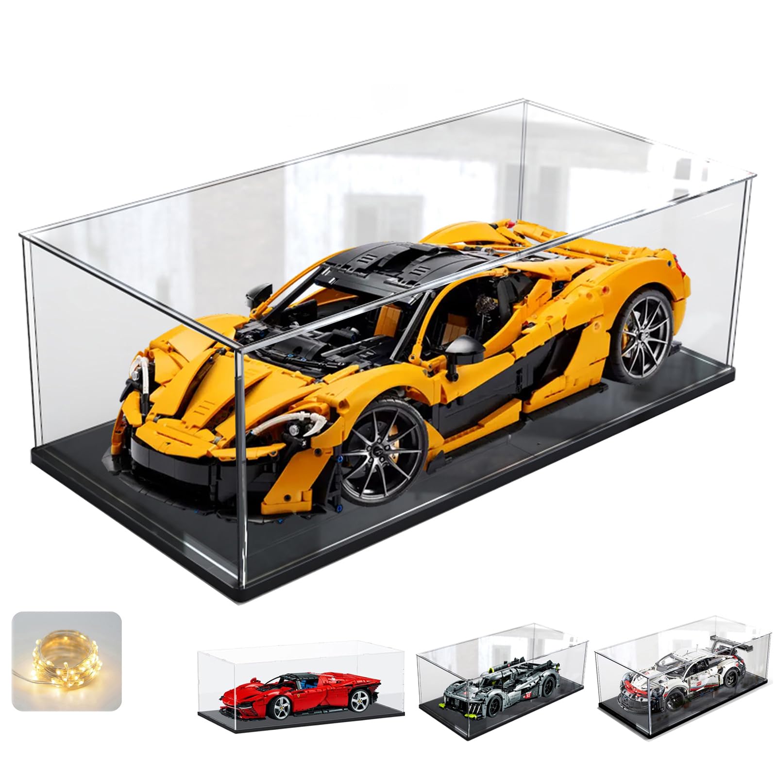 Acrylic Display Case for Lego 42172 McLaren P1 42143 42096 42156 42115 Car Collection, Thickened Transparent Box Plexiglass Showcases with Wood-Plastic Base & Light, Black Interior 60 x 30 x 20 cm