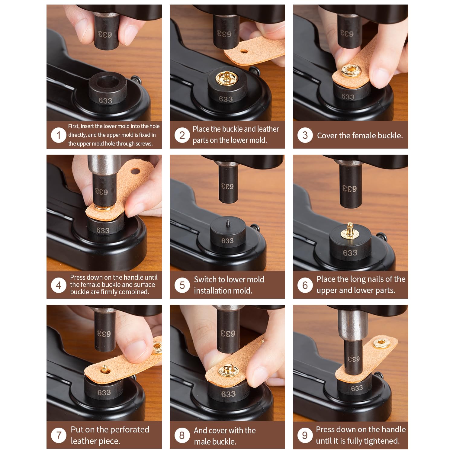 Prensa para botones a presión WUTA, juego de troqueles profesional para prensar ojales, alicates para prensar ojales a mano para manualidades de bricolaje (3+4+5+6+7+8+9+10+12 mm)