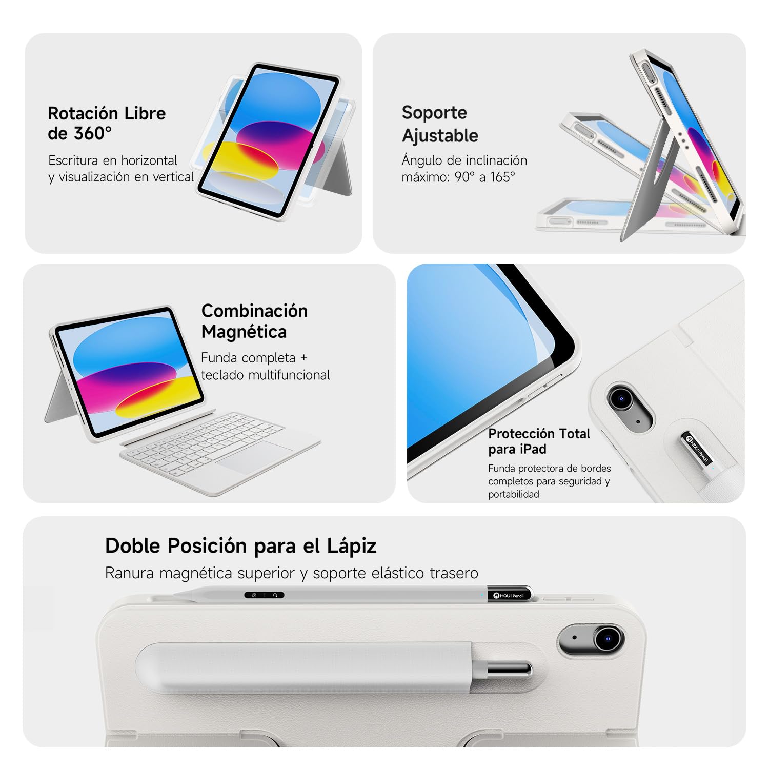 HOU Funda para iPad A16 11.ª/10.ª Generación con Teclado, Teclado Rotable y Desmontable para iPad 11/10, Portabolsígrafo Elástico, Cubierta de Protección Completa, Retroiluminación, Trackpad, Blanco