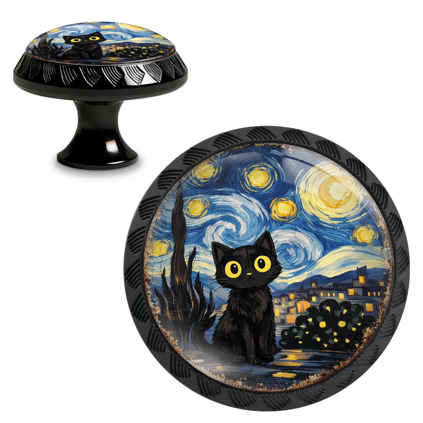 Yiruhe 4 Pack Starry Sky Black Cat Cabinet Knobs, Round Crystal Glass Drawer Pulls, Whimsical Night Sky Cat Decorative Knobs for Dresser Kitchen Wardrobe Cupboard Door Handles