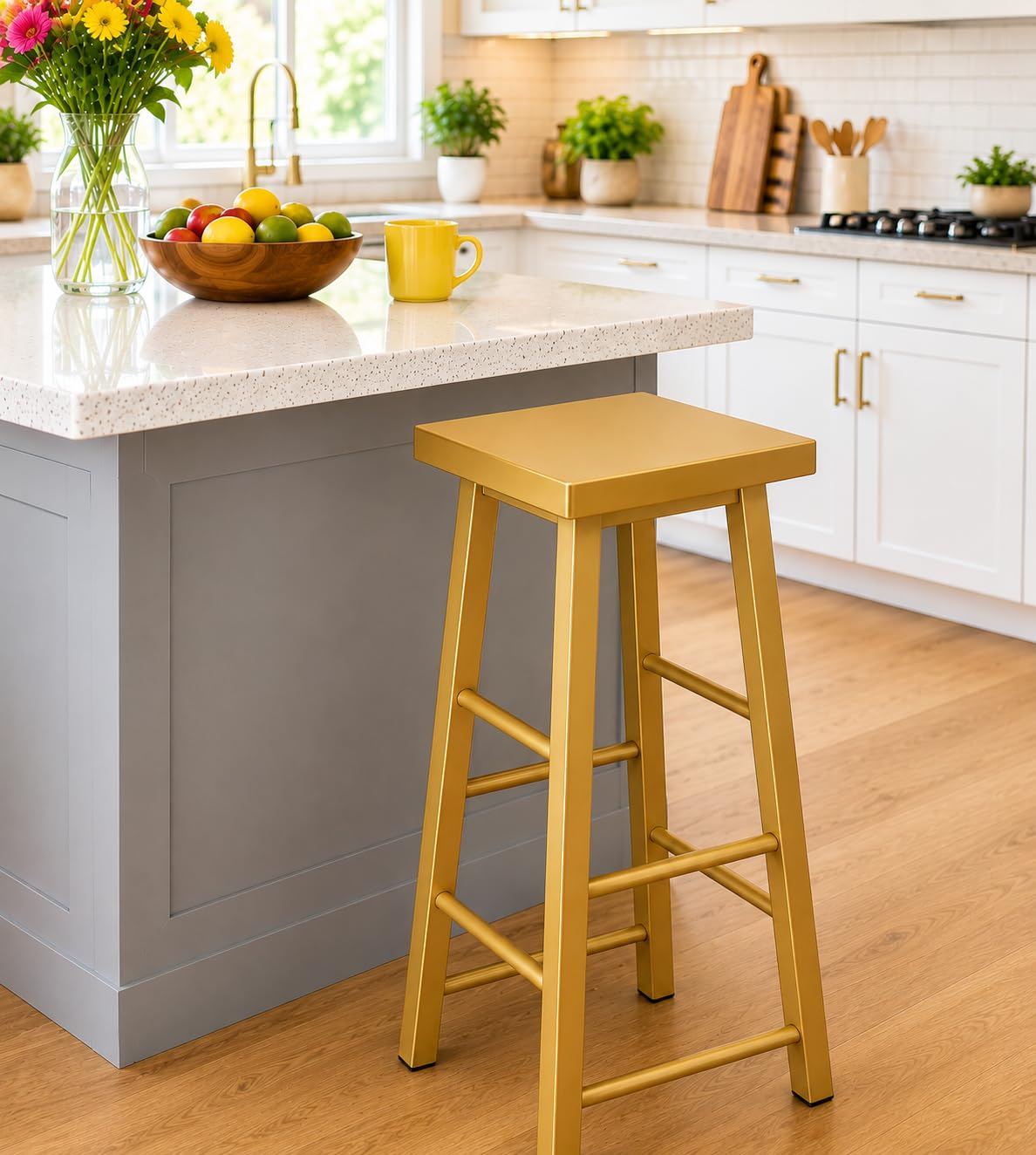 64173 Breakfast Stool/Kitchen Counter Bar Stool with Metal seat and Golden Frame/High Stool for Cafe, Home and Office - Golden-image-47