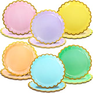 yarlung 90 Pcs Disposable Paper Plates, 9 Inch Rainbow Party Plates Pastel Macaron Dinner Plate, Scalloped Gold Edge Salad Plate for Birthday Baby Shower, Thanksgiving Day, Christmas, 6 Colors