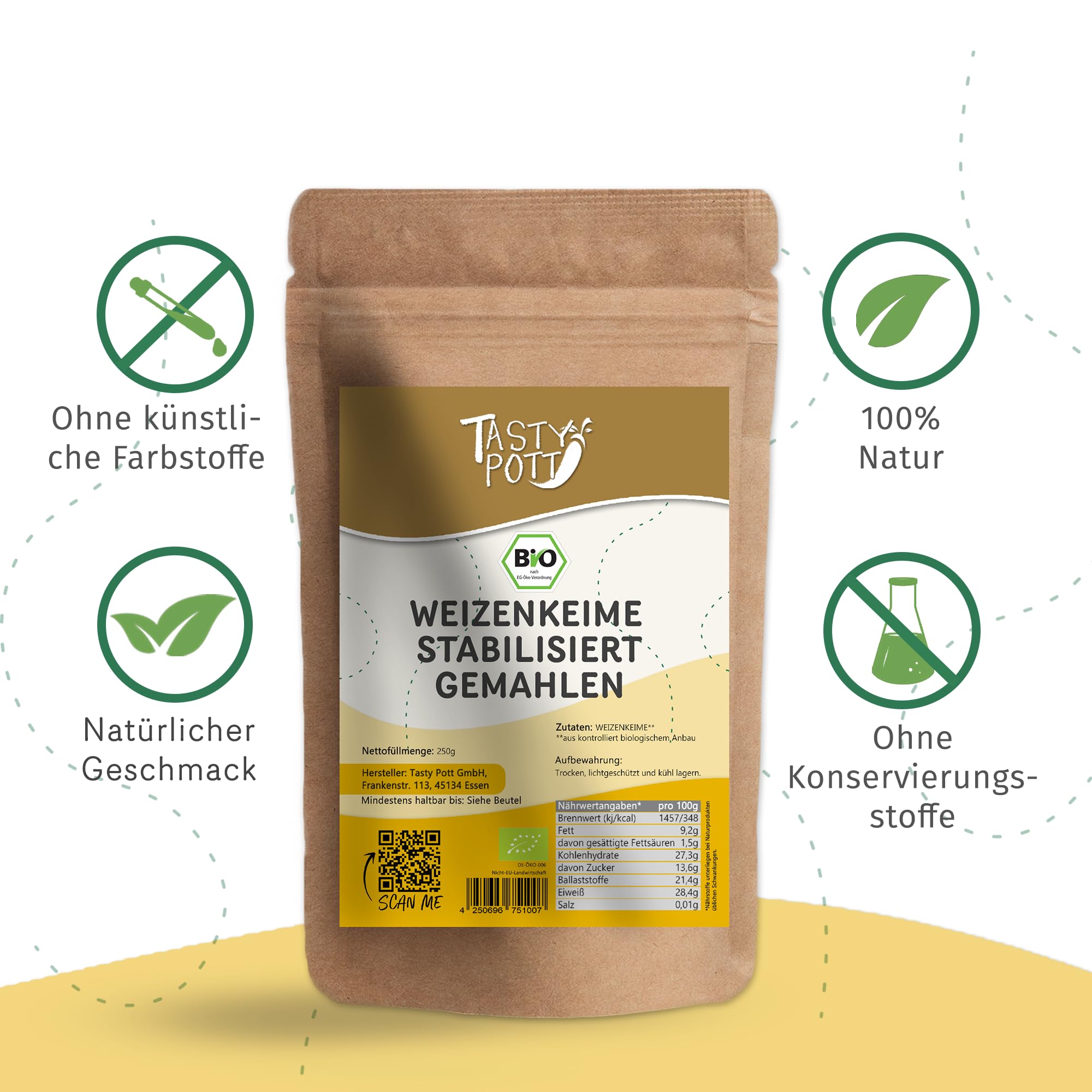 Tasty Pott Bio Weizenkeime gemahlen - stabilisiert I Vegane Ernährung I Weizenkörner I Weizenmehl I Zum Backen I Eiweiß I Aminosäuren I Naturprodukt I Im Beutel 1000g (2x1000g)