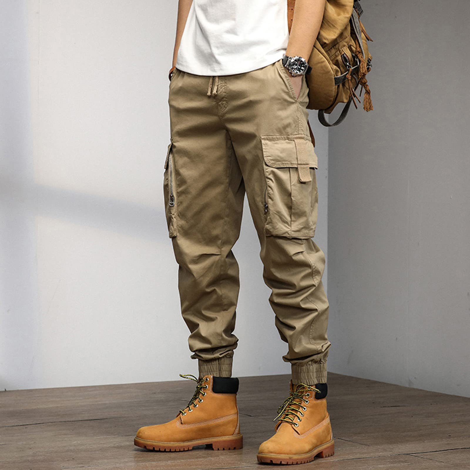 Pantalones cargo para hombre, pantalones de chándal para hombre, de algodón, pantalones de deporte, informales, holgados, pantalones de ocio, cintura elástica con cordón, pantalones de chándal con