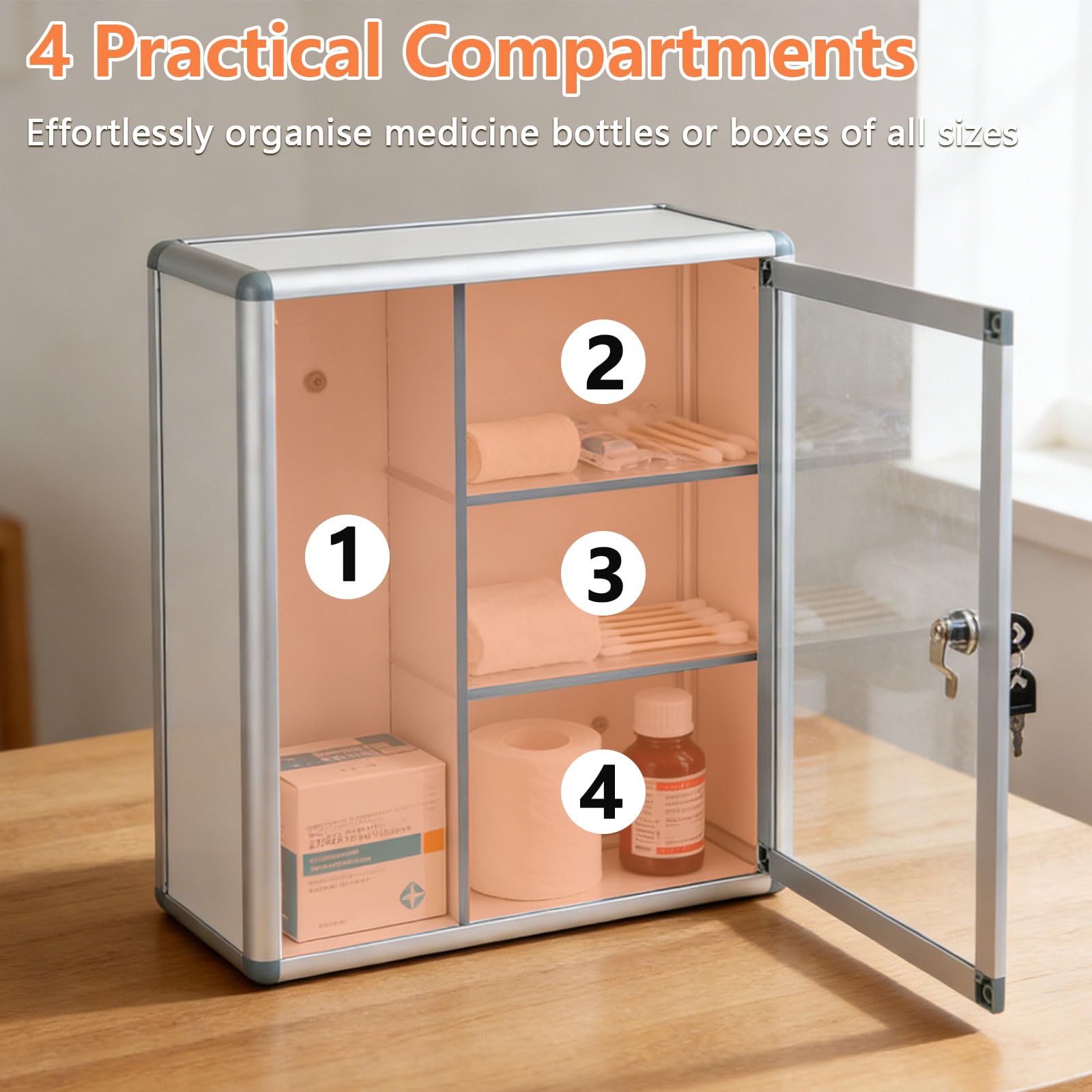 Armoire à pharmacie avec serrure à clé - Boîte à pharmacie murale verrouillable avec 4 compartiments - Boîte de rangement verrouillable avec porte transparente - Grande capacité - Armoire de premiers