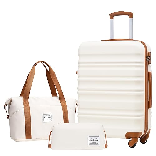 LONG VACATION Luggage Sets 24 in Suitcase Luggage 3 Piece Set, ABS+PC Hardshell Luggage with Spinner Wheels & YKK Zipper TSA Lock for Travel Esssentials (White-Brown, 24 INCH)