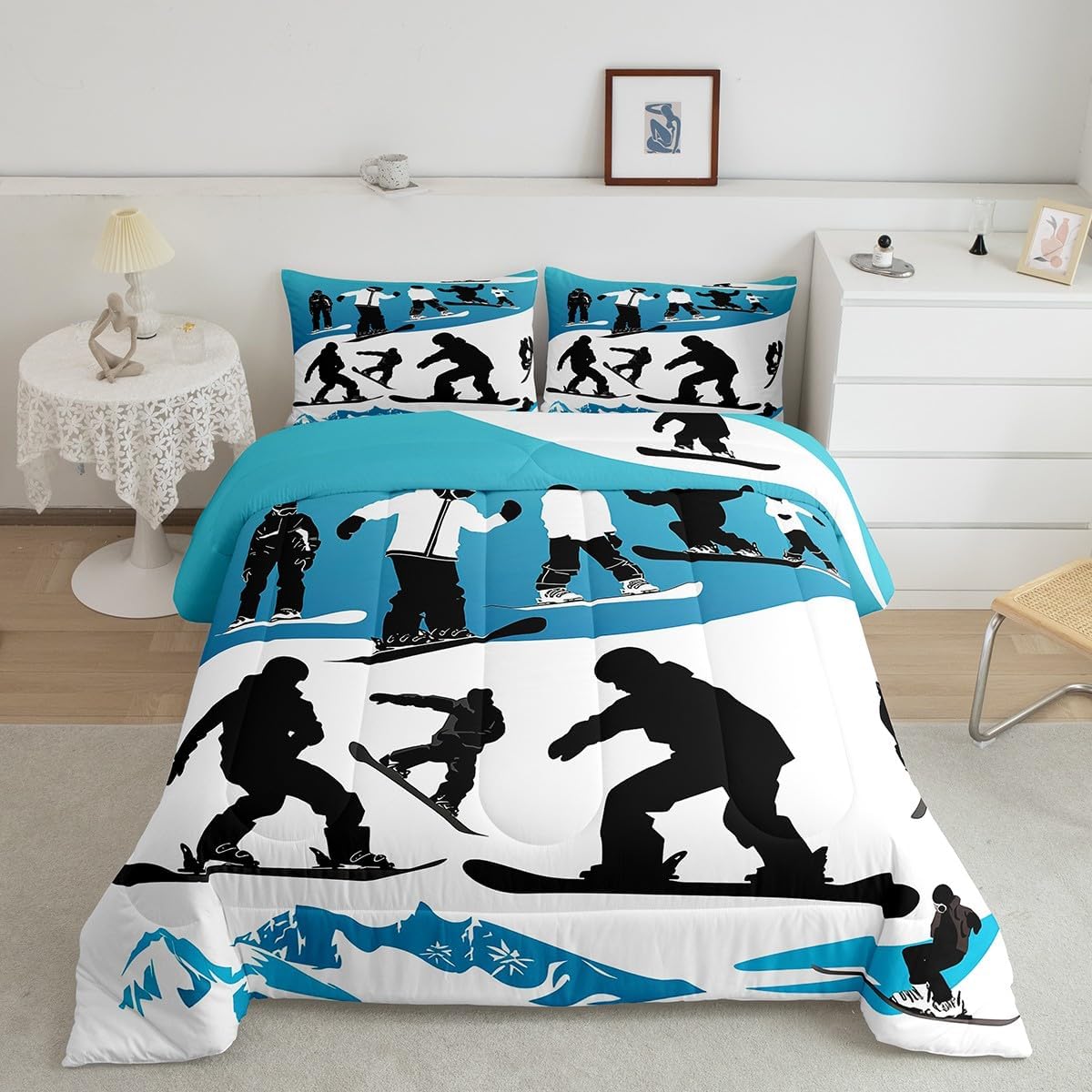 Feelyou Skiing Comforter Snow Mountain Comforter Set for Boys Girls Extreme Sports Bedding Set Room Decor Snowboard Snow Blue Duvet Set Full Size Quilt 3Pcs Boys