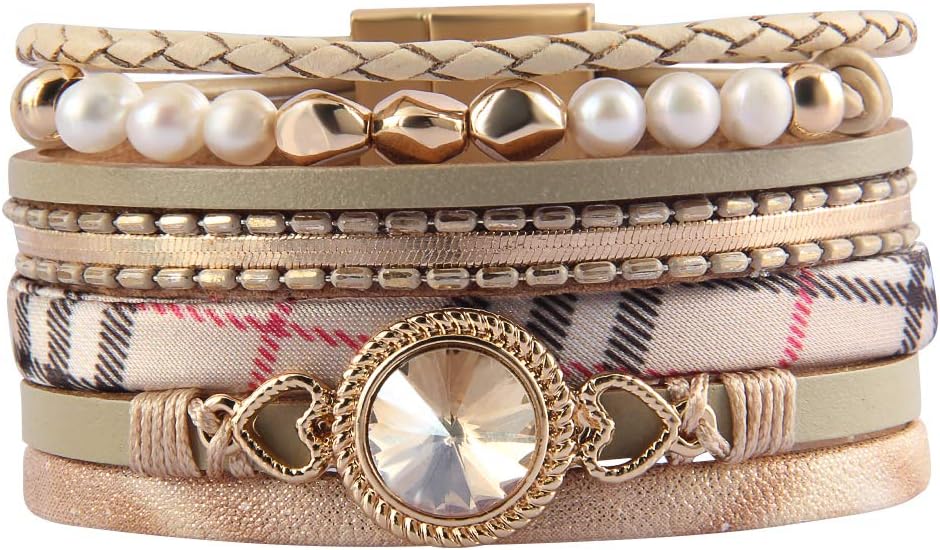 GelConnie Heart Leather Bracelet Endless Love Charm Crystal Wrap Bracelets Baroque Pearl Cuff Bracelet Bohemian Gifts for Women, Lovers, Wife LPB308-Beige