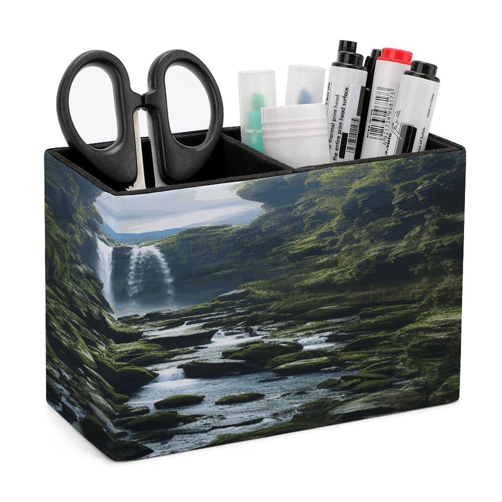 LDGSUPH Waterfall Cliff Leather Pen Holder for Desk Organizer Caddy Large Pencil Cup Multi-function Pencil Holder Makeup Brush Holders Pen Organizer for Home Office Storage Box
