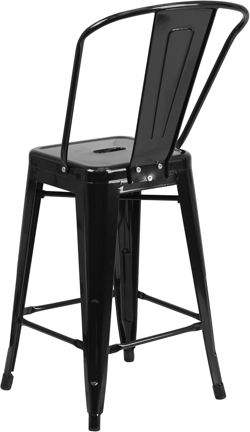 Flash Furniture Lily Commercial Grade 4 Pack 24" High Black Metal Indoor-Outdoor Counter Height Stool with Removable Back