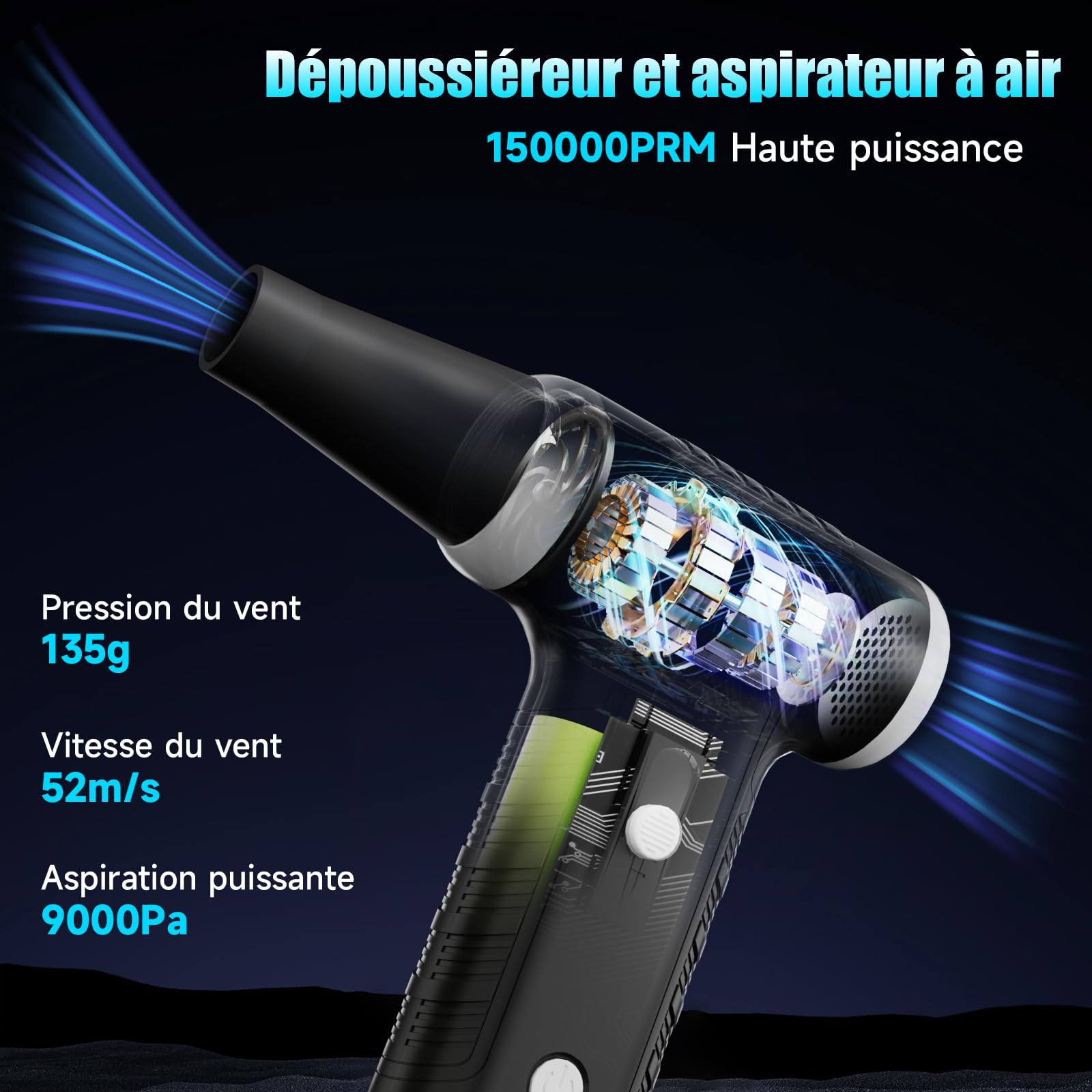 Soufflette Air Comprimé et Aspirateur 2 en 1, 150000 TR/Min Cordless Air Duster, 9000pa Aspirateur électrique avec moteur sans balais, vitesse réglable, Dépoussiérant pour Nettoyage PC, Voiture