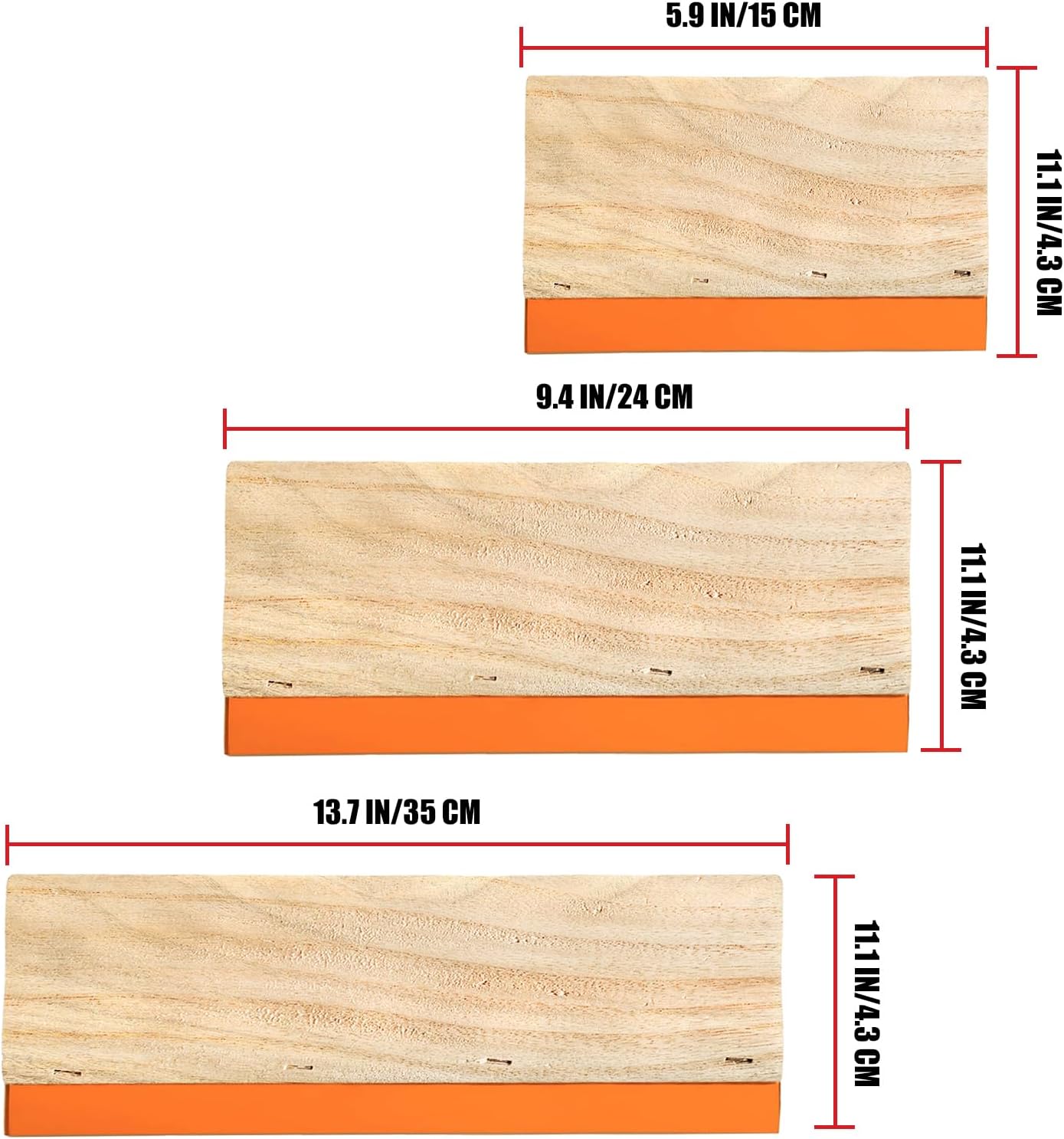 3 Pieces Screen Printing Squeegees - 3 Sizes (5.9/9.4/13.7 Inch) 75 Durometer Rubber Blade Wooden Handle, Suitable for Graphic/Textile Hand & Machine Printing