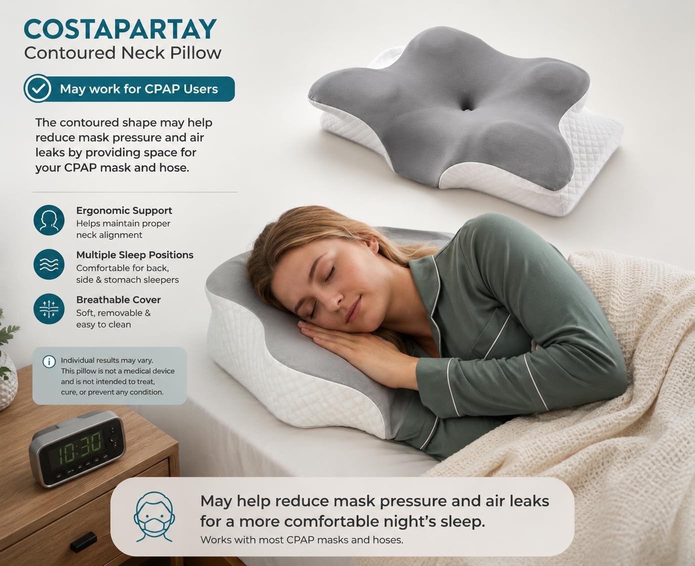 CPAP Pillow for Side Sleeping - 2-1 Cervical Neck Pillow for Pain Relief Cooling Memory Foam Pillow