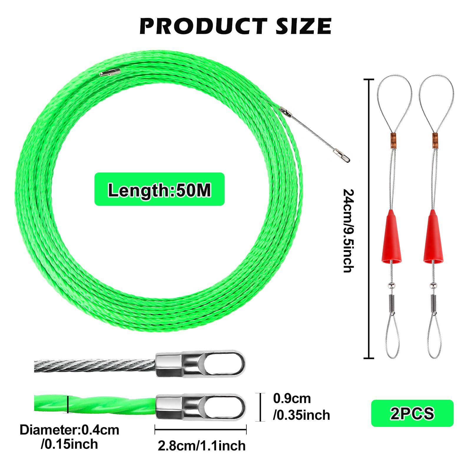 50M Aiguille Electricien, Tire Fils Electrique Aiguille Tire Fil avec 2 Ressorts de Guidage, Tire Cable Electrique Diamètre 4 mm pour Pose Conduit de Sol