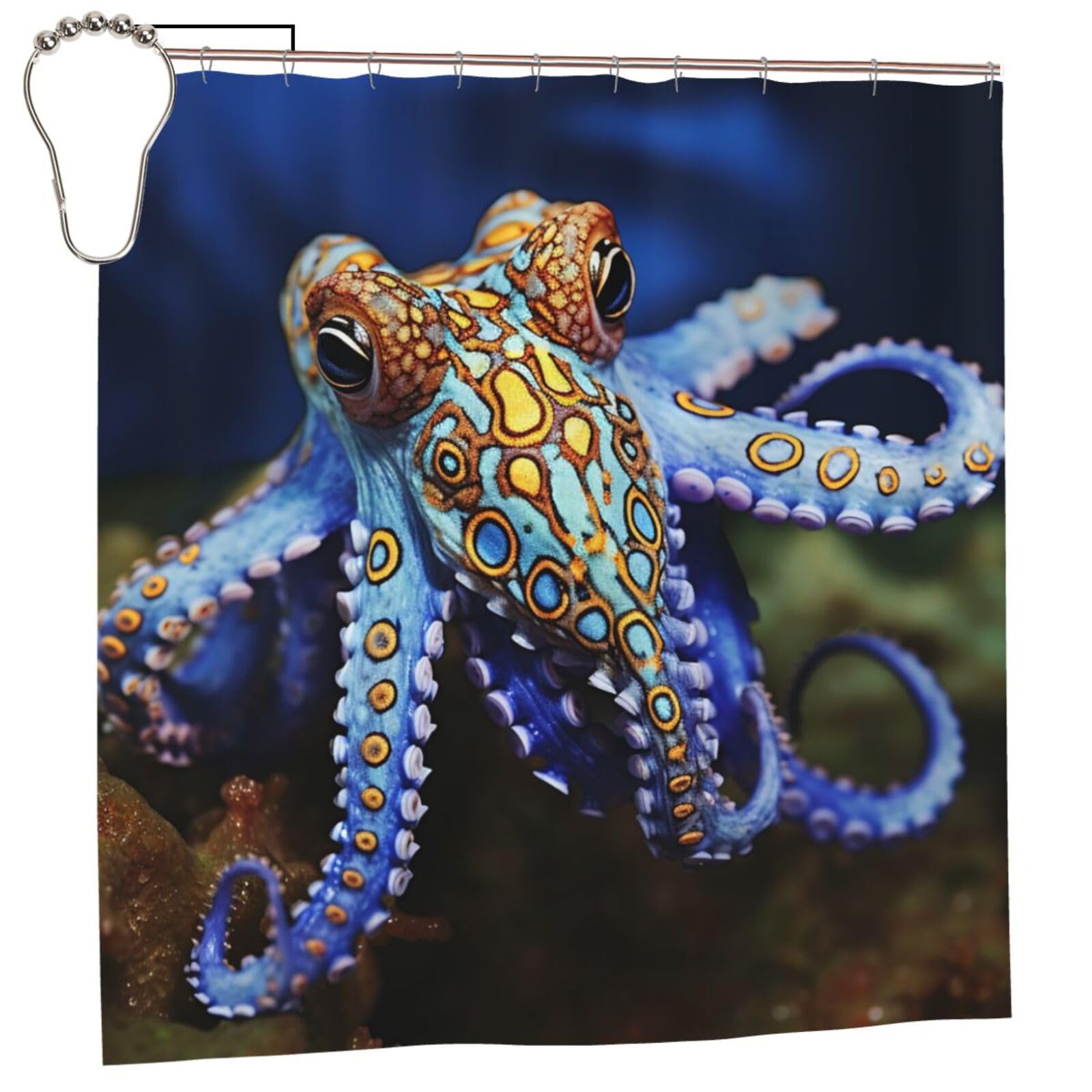 FodPand Blue Ringed Octopus Shower Curtain 70"x70" Waterproof Long Bathroom Curtain Heavy Duty Thick Cloth Bath Curtain Set with Hooks, Modern Abstract Art Pattern Bathroom Shower Curtains
