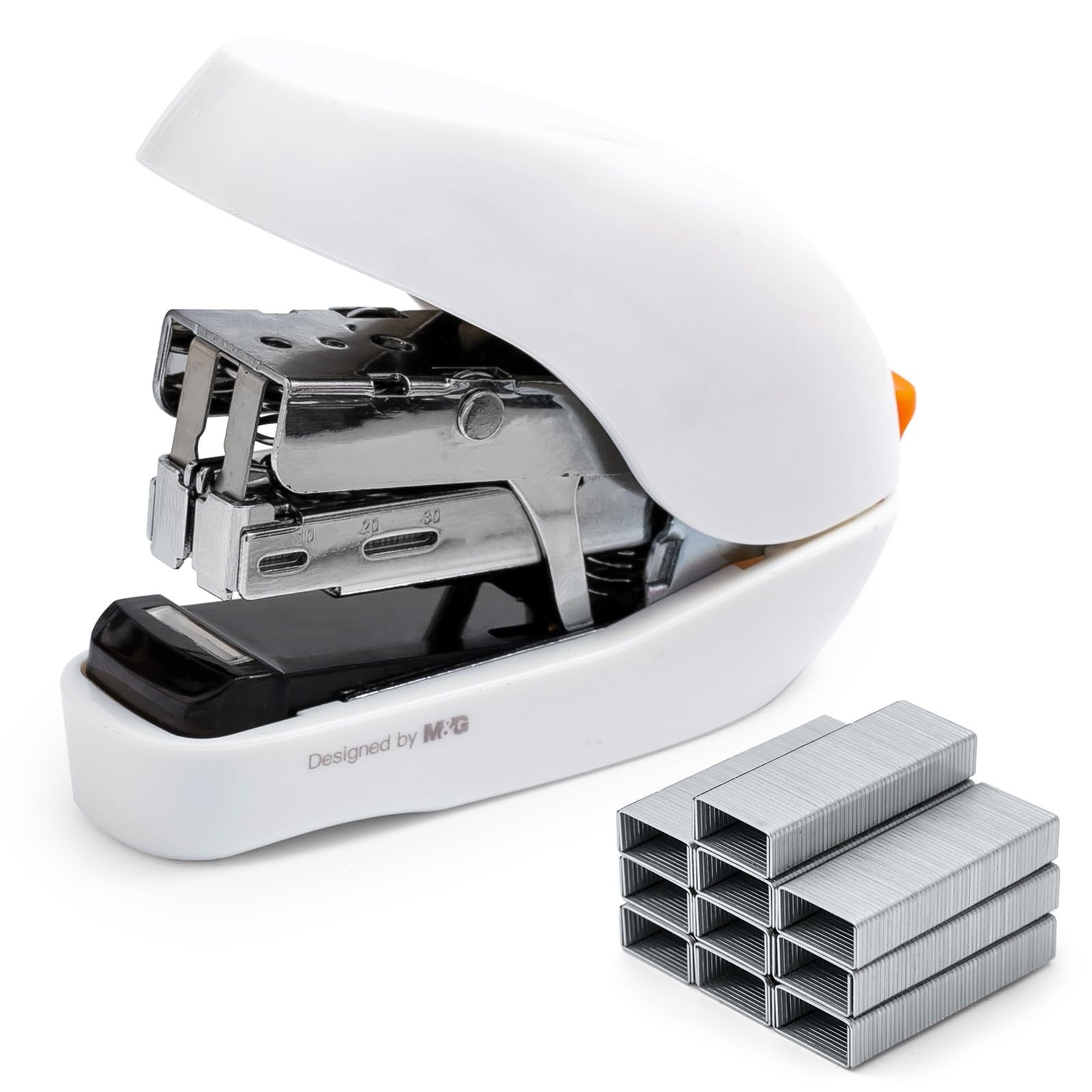 M&amp;G Mini Stapler with Staples, Small White Effortless Stapler Set, 20 Sheet Capacity, One Finger, 1000 Standard Staples, Office staplers for Desk, Easy to Load