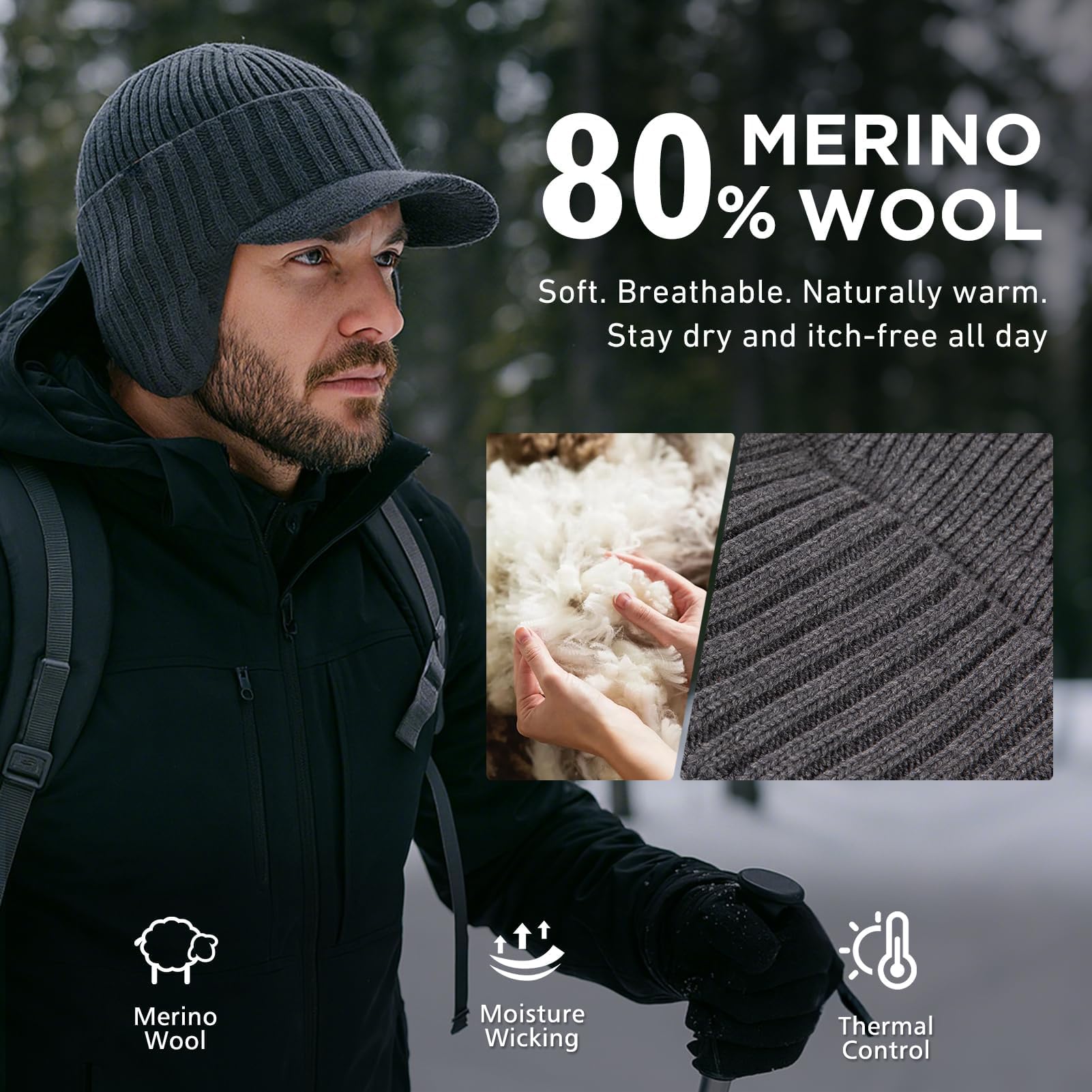 TOP-EX DryKnit™ - Berretto da uomo con visiera in 80% lana merino, impermeabile, con paraorecchie e fodera in pile, con visiera termica invernale da golf, per la stagione fredda, M-XXL, Verde, M/L