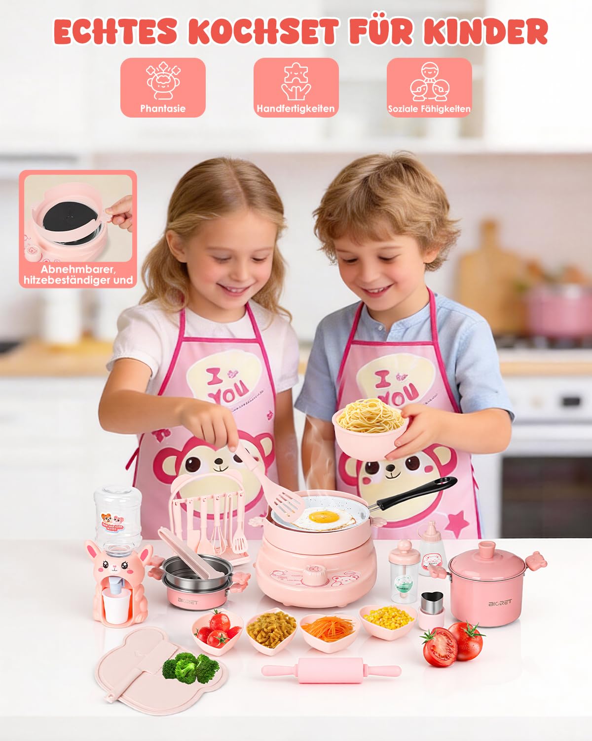 Juego de cocina para niños, 42 piezas, accesorio completo para la cocina de los niños, con juego completo de ollas para 8-12 años, para cocinar y preparar (rosa claro)