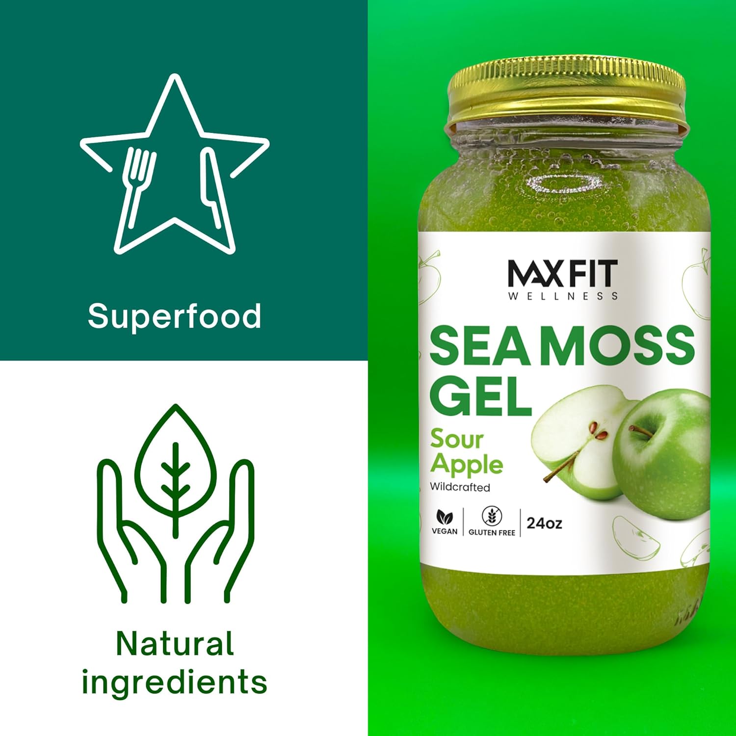 MAX FIT Sea Moss Gel Sour Apple Wild-Harvested 24oz Wildсrafted Gold Sea Moss Gel from Saint Lucia | 92 Vitamins and Minerals | Vegan Superfood