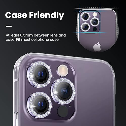 Miniatura 22 de Tensea Protector de lente de cámara para iPhone 14 Pro/iPhone 14 Pro Max, protector de pantalla de vidrio templado 9H, protector de anillo Purpurina