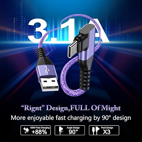 Miniatura 2 de Cable USB tipo C de 6 pies, 3 unidades de cable de carga rápida en ángulo recto, cable de carga USB C de 3.1 A para iPhone 17 16 15 Samsung Galaxy