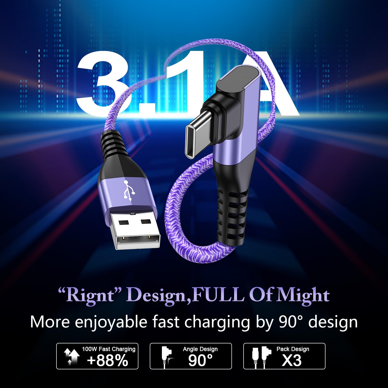 USB Type C Cable 6FT 3Pack Fast Charging Right Angle Cable,3.1A USB C Charger Phone Cord for iPhone 15 Pro,Samsung Galaxy A55 A35 A33 A32 5G S24 A15 A25 A14 A54 A11 A12 A13 A20 A21 A51 S22 S23,Moto,LG