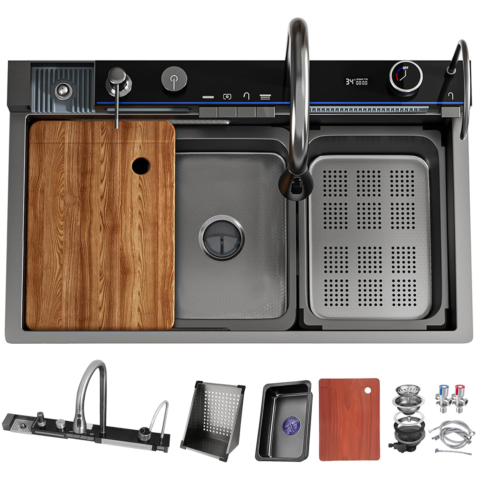 DSMRLEOP Wasserfall spüle, Multifunktionale Spülbecken Schwarz, 1 Becken Spüle Küche Edelstahl Rechteck mit Zubehör wie Abflusskörbe, Siphon, Über- und Ablauf-Set