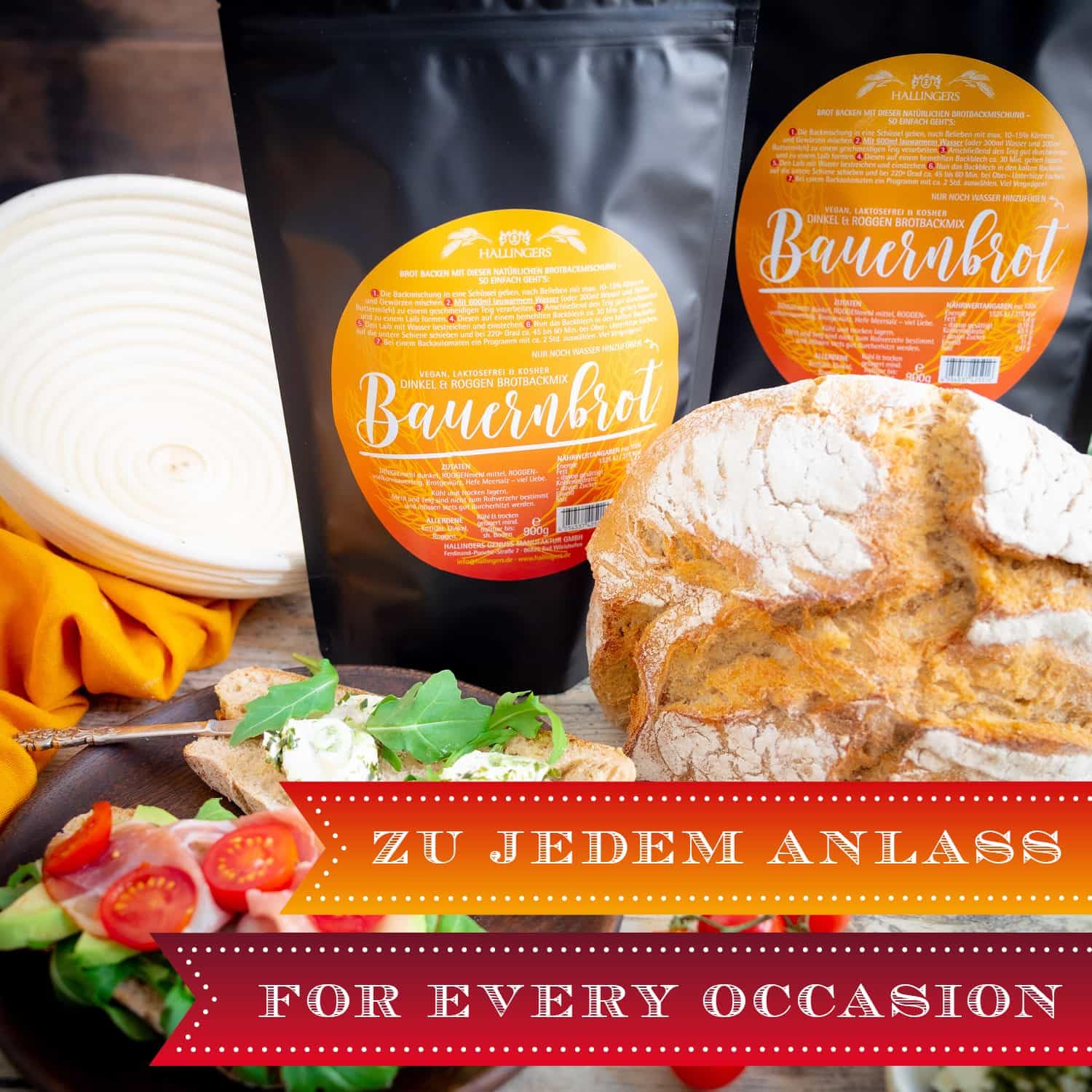 Hallingers Genuss Manufaktur Brotbackmischung Geschenk-Set - 2er-Pack natürliche Brotbackmischung Dinkel-Roggen mit Gärkorb im Set "Bauernbrot mit ...", Geschenkidee für Frauen Männer