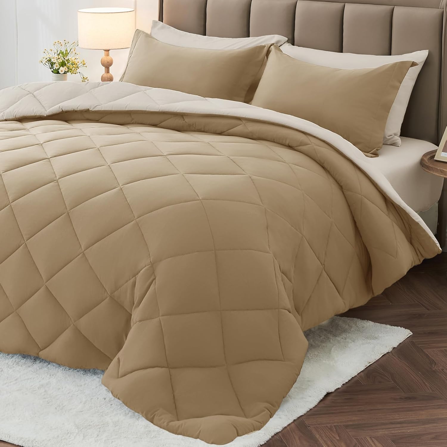 MUXHOMO 7 Pieces Full Comforter Set, Reversible Bed in a Bag Full Size, All Season Bedding Set with Comforter, Flat Sheet, Fitted Sheet, Pillowcases & Shams, Khaki & Linen