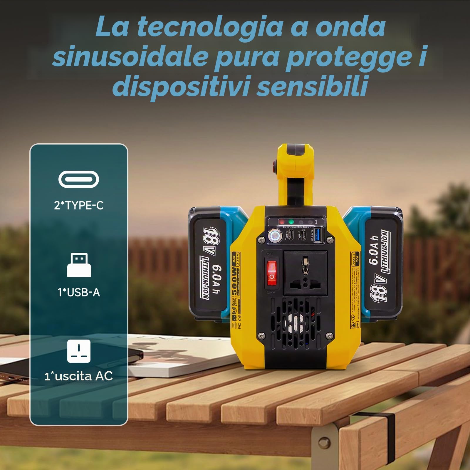 DATOUBOSS Inverter 500W 18V 230V a onda sinusoidale pura per batterie 18V a slitta serie BL18XX (tipo BL1815 BL1830 BL1840 BL1850 BL1860) portatile campeggio camper cantiere emergenza USB-C USB-A EU